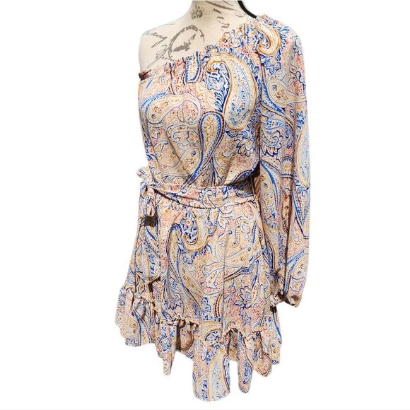 Anthropologie - Entro - Paisley Print One Shoulder Dress Tie Waist Ruffled Hem M - Picture 7 of 8